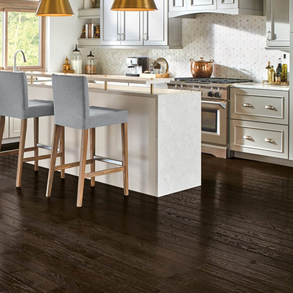 dark hardwood flooring in modern kitchen
