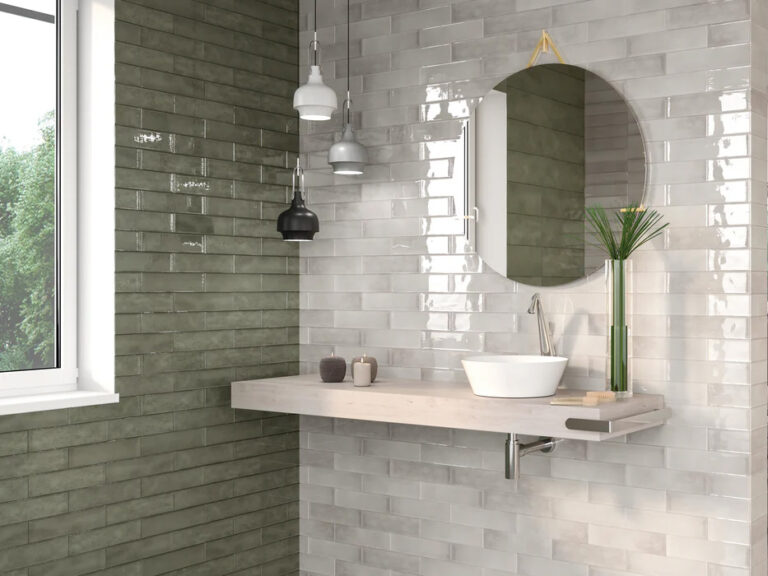 Colored bathroom tile around sink and floating vanity | Dolphin Carpet & Tile