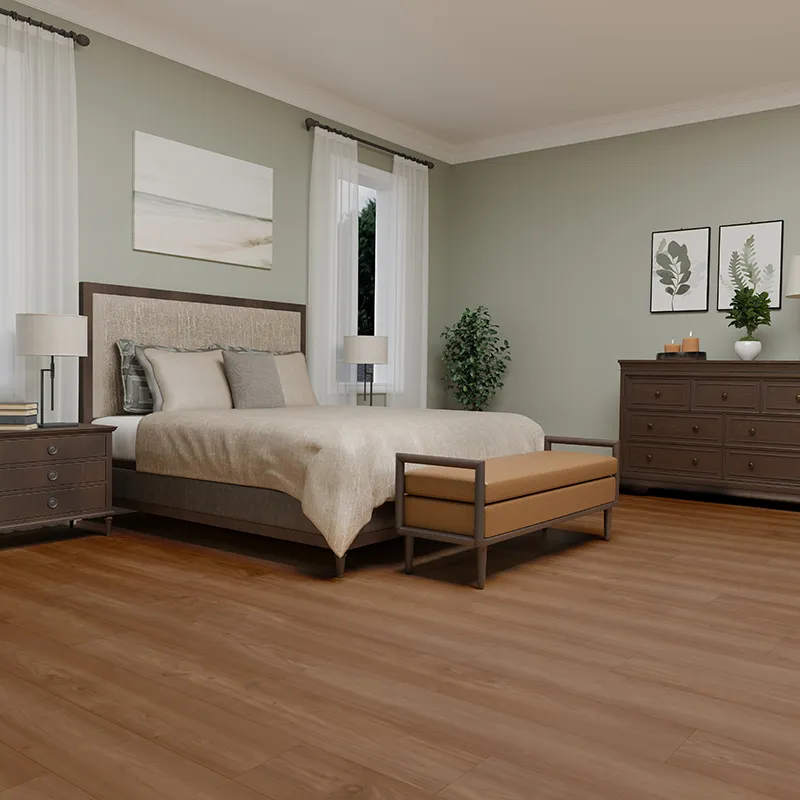 Laminate flooring in earthy bedroom
