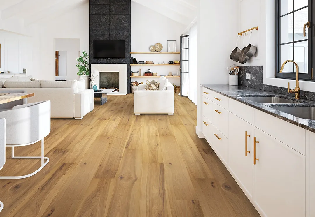HickoryLaminate-Look02 Hickory Look Laminate in open floor plan kitchen and living room | Dolphin Carpet