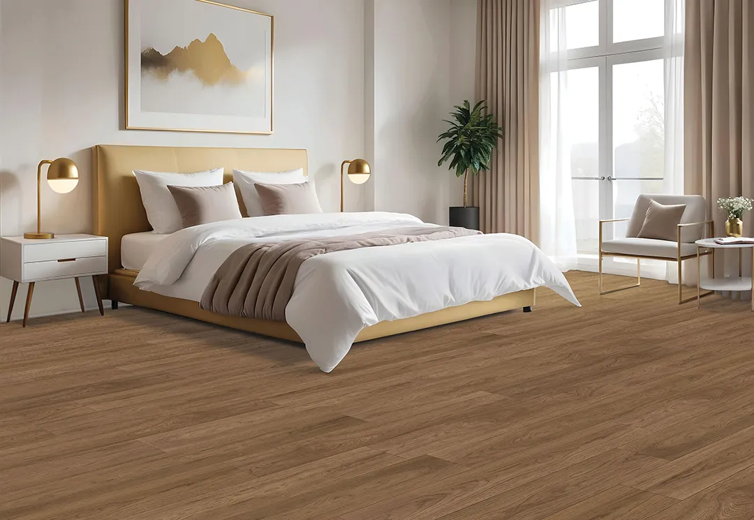 HickoryLaminate-Look03 Hickory Look Laminate in bedroom with platform bed | Dolphin Carpet