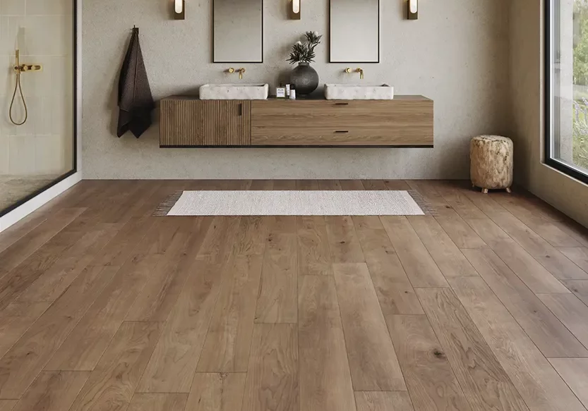 MediumColored-Laminate-Intro Medium colored laminate flooring in modern bathroom | Dolphin Carpet