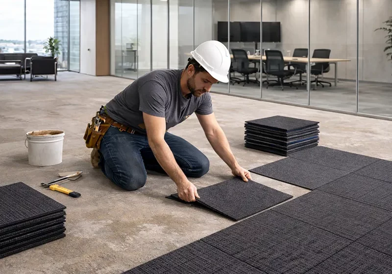 Contractor Installing Carpet Tiles In Office | Dolphin Carpet & Tile