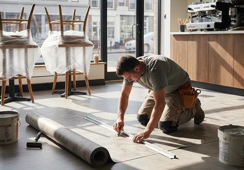 Installer Installing Commercial Vinyl In Cafe | Dolphin Carpet & Tile