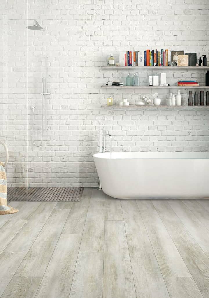 Light colored flooring in bathroom